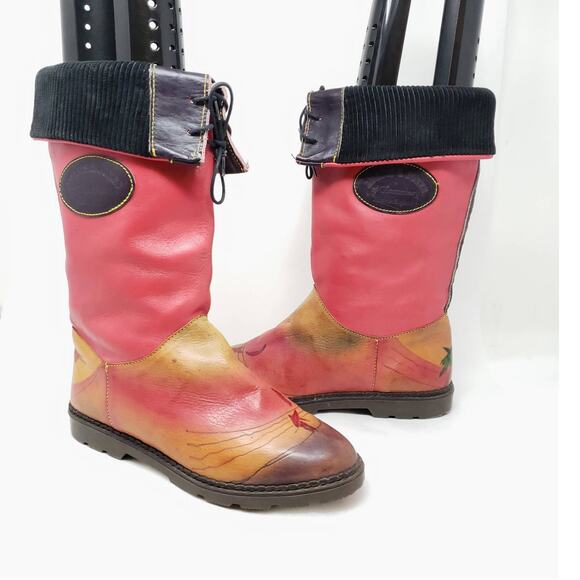 Vintage Leather Foldover Boots Pink Brown Tropical Beach  OOAK England Sz UK 6 - Picture 1 of 16